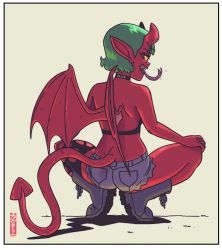 Rule 34 | 1girl, boots, border, colored sclera, colored skin, demon girl, demon horns, demon tail, demon wings, forked tongue, from behind, full body, green hair, halterneck, highres, horns, looking back, original, pointy ears, red eyes, red skin, ryan jampole, shadow, sharp teeth, short hair, short shorts, shorts, signature, single thighhigh, solo, spread legs, tail, teeth, thighhighs, tongue, torn clothes, torn thighhighs, white border, wings, yellow sclera