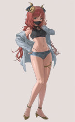 Rule 34 | 1girl, absurdres, alternate costume, anklet, bare legs, bare shoulders, black mask, blue eyes, blue shorts, blush, breasts, clothing cutout, commentary, crop top, cutoffs, denim, denim shorts, diamond cutout, forehead jewel, full body, genshin impact, gold footwear, grey background, grey shirt, hand on own hip, hand up, high heels, highleg, highleg panties, highres, horns, jewelry, knees together feet apart, legs, long hair, long sleeves, looking at viewer, low twintails, mask, mouth mask, navel, navel cutout, nilou (genshin impact), off shoulder, open clothes, open shirt, panties, panties under shorts, panty straps, parted bangs, red hair, shirt, short shorts, shorts, simple background, single horn, skindentation, sleeveless, sleeveless shirt, sleeves past wrists, small breasts, solo, standing, stomach, string panties, thigh strap, thighlet, thighs, thong, twintails, underwear, zutsuyaku