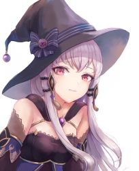 Rule 34 | 1girl, alternate costume, black hat, bow, breasts, dress, fire emblem, fire emblem: three houses, hair ornament, halloween, hat, hat bow, leonmandala, long hair, looking at viewer, lysithea von ordelia, nintendo, pink eyes, pout, sidelocks, signature, silver hair, simple background, small breasts, solo, tears, upper body, white background, witch, witch hat
