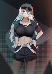 Rule 34 | 1girl, absurdres, arm behind back, belt, black pantyhose, black shirt, black shorts, black tank top, blue eyes, blush, borrowed character, breasts, cleavage, closed mouth, collarbone, eyewear on head, feet out of frame, grey jacket, hand on own hip, highres, j yak47, jacket, kokuryu (j.roswel), large breasts, long hair, looking at viewer, navel, open clothes, open jacket, original, pantyhose, shirt, shorts, simple background, solo, standing, tank top, white belt, white hair