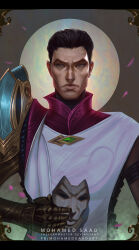 Rule 34 | 1boy, artist name, black hair, chest jewel, closed mouth, commentary, english commentary, full moon, gem, green gemstone, highres, holding, holding mask, jhin, league of legends, looking at viewer, mask, mechanical arms, moon, no mask, short hair, single mechanical arm, solo, thefearmaster