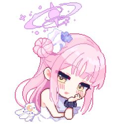 Rule 34 | 1girl, angel wings, black scrunchie, blue archive, blush stickers, chibi, cropped torso, dano, dress, flower, hair bun, hair flower, hair ornament, halo, head rest, long hair, looking at viewer, lowres, mika (blue archive), parted lips, pink hair, pixel art, scrunchie, sidelocks, single hair bun, solo, transparent background, white dress, wings, wrist scrunchie, yellow eyes