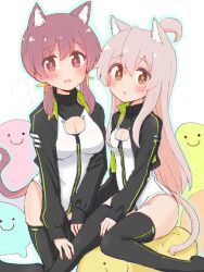 Rule 34 | 2girls, ahoge, animal ear fluff, animal ears, black thighhighs, blush, breasts, brown eyes, c:, cat ears, cat girl, cat tail, cleavage cutout, clothing cutout, colored inner hair, commentary, cosplay, cosplay request, es04b, grey hair, hair between eyes, hair ornament, hair over shoulder, heattech leotard, highres, kemonomimi mode, leotard, long hair, long sleeves, low twintails, medium breasts, multicolored hair, multiple girls, murosaki miyo, onii-chan wa oshimai!, open mouth, oyama mahiro, pink hair, red eyes, red hair, sitting, small breasts, smile, tail, thighhighs, turtleneck, twintails, two-tone hair, zipper