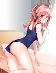Rule 34 | 1girl, absurdres, ahoge, arm up, ass, bed, blush, breasts, closed mouth, cowboy shot, from behind, headphones, highres, long hair, looking at viewer, looking back, onceskylark, one-piece swimsuit, pink hair, red eyes, school swimsuit, shoulder blades, simple background, solo, standing, standing on one leg, swimsuit, tirpitz (warship girls r), warship girls r, white background