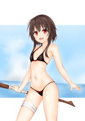 1girl bandaged_leg bandages bare_arms bare_shoulders bikini black_bikini blush breasts brown_hair commentary_request female_focus highres holding holding_staff kono_subarashii_sekai_ni_shukufuku_wo! kuronuketaiyo looking_at_viewer megumin navel open_mouth red_eyes short_hair_with_long_locks small_breasts smile solo staff swimsuit