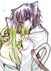 Rule 34 | 1boy, 1girl, animal ears, breasts, c.c., cat ears, cat tail, cleavage, code geass, creayus, lelouch vi britannia, open clothes, open shirt, shirt, sketch, tail