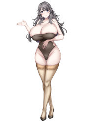 Rule 34 | 1girl, absurdres, adapted costume, alternate breast size, azur lane, black footwear, breasts, brown leotard, charybdis (azur lane), charybdis (red chamber of healing) (azur lane), cleavage, comotaro, full body, grey eyes, grey hair, high heels, highres, huge breasts, leotard, long hair, looking at viewer, official alternate costume, shoes, simple background, skindentation, solo, standing, strapless, strapless leotard, thighhighs, white background, yellow thighhighs