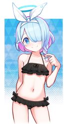 Rule 34 | 1girl, absurdres, arona (blue archive), bare shoulders, bikini, black bikini, blue archive, blue background, blue eyes, blue hair, blush, border, braid, closed mouth, collarbone, cowboy shot, frilled bikini, frills, gradient background, hair over one eye, hairband, halo, highres, looking at viewer, mr.thunderigor, multicolored hair, navel, pink hair, polka dot, polka dot background, short hair, side braid, smile, solo, standing, swimsuit, two-tone hair, white background, white border
