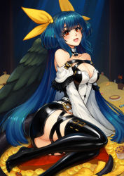 Rule 34 | 1girl, ass, asymmetrical wings, belt, black thighhighs, blue hair, blush, breasts, choker, cleavage, cubehero, dizzy (guilty gear), food, gold, guilty gear, guilty gear xrd, hair ribbon, highres, large breasts, long hair, monster girl, muffin, open mouth, parted lips, red eyes, ribbon, smile, squirrel, tail, tail ornament, tail ribbon, thick thighs, thigh strap, thighhighs, thighs, treasure, twintails, wings, yellow ribbon