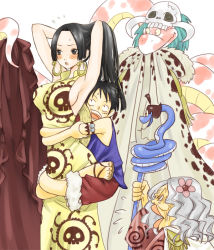 Rule 34 | 1boy, 2girls, adjusting hair, amazon lily, amazon warrior, armpits, black eyes, black hair, blush, boa hancock, breasts, china dress, chinese clothes, cocotri, dress, earrings, gloriosa (one piece), hat, height difference, hug, impel down, jewelry, long hair, monkey d. luffy, multiple girls, one piece, salome (one piece), scar, sideboob, skull, snake, staff, straw hat