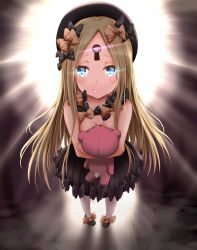 Rule 34 | 1girl, abigail williams (fate), ashfair, backlighting, black bow, black footwear, black hat, black skirt, blonde hair, blue eyes, bow, breasts, bug, butterfly, eyes visible through hair, fate/grand order, fate (series), forehead, foreshortening, full body, glowing, halo, hat, highres, holding, holding stuffed toy, hugging object, insect, keyhole, long hair, looking at viewer, orange bow, polka dot, polka dot bow, skirt, solo, standing, stuffed animal, stuffed toy, teddy bear, topless, very long hair, white legwear