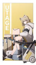 Rule 34 | 1girl, absurdres, animal ear fluff, animal ears, arknights, bag, bare legs, black footwear, black shorts, blush, border, breasts, brown hair, character name, closed mouth, from side, full body, grey jacket, hair ornament, hairclip, highres, hood, hood down, hooded jacket, if f, jacket, long sleeves, looking at viewer, looking to the side, medium breasts, outside border, purple eyes, rolling suitcase, sheath, sheathed, shoes, short hair, short shorts, shorts, sitting, solo, suitcase, sword, tail, two-tone background, utage (arknights), weapon, white border, x hair ornament, yellow background