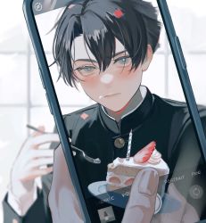 Rule 34 | 1boy, 1other, ace attorney, ato (ml cc g), birthday cake, black hair, black jacket, blue eyes, blush, cake, cellphone, confetti, food, fork, gakuran, hair between eyes, highres, holding, holding fork, holding phone, jacket, kazuma asogi, long sleeves, looking at viewer, phone, fake phone screenshot, school uniform, smartphone, taking picture, the great ace attorney, upper body