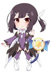 Rule 34 | 1girl, bare shoulders, blush, boots, brown eyes, brown hair, chawan (yultutari), chibi, closed mouth, commentary request, detached sleeves, fate/kaleid liner prisma illya, fate (series), full body, hair ornament, hand up, highres, leotard, long sleeves, magical sapphire, miyu edelfelt, pigeon-toed, purple leotard, purple sleeves, purple thighhighs, sidelocks, simple background, smile, solo, standing, thighhighs, thighhighs under boots, twintails, wand, white background, white footwear, wide sleeves, x hair ornament