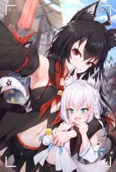 Rule 34 | 2girls, ahoge, animal ear fluff, animal ears, arm on another&#039;s shoulder, armpits, biting, black hair, black hoodie, black shorts, blue neckerchief, blurry, blurry background, braid, breasts, candy, catxuan, child, commentary request, detached sleeves, drooling, ear biting, fang, finger to mouth, food, fox ears, fox girl, fox tail, green eyes, hair between eyes, highres, holding, holding candy, holding food, holding lollipop, hololive, hololive gamers, hood, hoodie, kurokami fubuki, lollipop, long hair, looking at viewer, medium breasts, midriff, multiple girls, navel, neckerchief, open mouth, pentagram, red eyes, red neckerchief, selfie, sharp teeth, shirakami fubuki, shirakami fubuki (1st costume), shorts, sidelocks, single braid, sparkle, tail, teeth, viewfinder, virtual youtuber, white hair, white hoodie