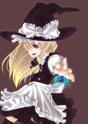 Rule 34 | 1girl, :d, apron, bad id, bad pixiv id, blonde hair, braid, brown background, brown eyes, female focus, green eyes, hat, kirisame marisa, long hair, musou yuchi, open mouth, outstretched arm, puffy short sleeves, puffy sleeves, short sleeves, simple background, smile, solo, touhou, very long hair, waist apron, witch, witch hat, yumesouyuchi