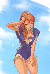 Rule 34 | 1girl, alternate costume, blue sky, cloud, cloudy sky, earrings, feather earrings, feathers, frilled one-piece swimsuit, frills, hololive, hololive english, iskaydi, jewelry, long hair, looking at viewer, one-piece swimsuit, one eye closed, orange hair, purple eyes, sky, smile, solo, swimsuit, takanashi kiara, virtual youtuber, wet