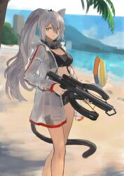 Rule 34 | 1girl, absurdres, animal ears, arknights, bare legs, beach, black scarf, black shorts, blue sky, bow (weapon), breasts, cat ears, cat tail, commentary request, crop top, crossbow, day, feet out of frame, grey hair, hair over one eye, highres, holding, holding crossbow, holding weapon, jacket, large breasts, long hair, long sleeves, looking at viewer, midriff, oden (o-den), open clothes, open jacket, outdoors, ponytail, revision, scarf, schwarz (arknights), see-through, short shorts, shorts, sky, solo, standing, tail, thighs, very long hair, weapon, white jacket, yellow eyes