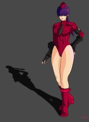 Rule 34 | 1girl, alternate costume, bodysuit, boots, breasts, capcom, corruption, crossover, gauntlets, hand on own hip, hat, highres, large breasts, leather, leather boots, leotard, mind control, necktie, no eyes, ponytail, purple hair, red hat, self-upload, shadaloo, shadaloo dolls, shermie (kof), snk, street fighter, the king of fighters, thick thighs, thighs