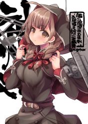 Rule 34 | 1girl, ahoge, belt, blush, braid, breasts, brown belt, brown eyes, brown hair, capelet, character name, hair ribbon, hood, hood up, hooded capelet, kantai collection, large breasts, long hair, long sleeves, n:go, one-hour drawing challenge, ribbon, rigging, shinshuu maru (kancolle), simple background, smile, solo, twin braids, twitter username, white background