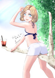 Rule 34 | 1girl, absurdres, artist name, bad id, bad pixiv id, bikini, bikini top only, blonde hair, blue eyes, branch, bubble tea, character name, clip studio paint (medium), cup, dated, disposable cup, flat chest, highres, janus (kancolle), kantai collection, looking at viewer, short hair, shorts, solo, swimsuit, tree, tumbler, velchi, white bikini, white shorts
