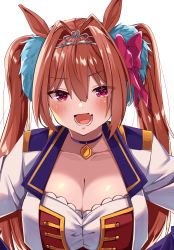 Rule 34 | 1girl, :d, absurdres, animal ears, blue choker, blush, breasts, brown hair, choker, cleavage, collarbone, commentary request, daiwa scarlet (umamusume), fang, hands on own hips, highres, horse ears, horse girl, ia 1928, large breasts, long hair, open mouth, red eyes, shirt, smile, solo, starting future (umamusume), tiara, umamusume, upper body, very long hair, white shirt