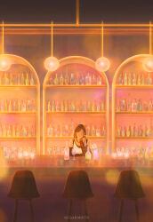 Rule 34 | 1girl, alcohol, arm guards, artist name, bar (place), bare shoulders, bartender, black gloves, black hair, black sports bra, bottle, chair, closed eyes, closed mouth, commentary, counter, crop top, cup, drinking glass, elbow gloves, elbow rest, final fantasy, final fantasy vii, final fantasy vii remake, fingerless gloves, flower, gloves, hand on own face, hanging light, highres, indoors, long hair, single sidelock, smile, solo, sports bra, sugarmintdreams, suspenders, swept bangs, tank top, tifa lockhart, white tank top, yellow flower