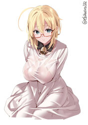 Rule 34 | 1girl, ahoge, bell, bikini, bikini under clothes, blonde hair, blue eyes, blush, breasts, dress, ebifurya, glasses, hair between eyes, highres, i-8 (kancolle), invisible chair, kantai collection, large breasts, long hair, long sleeves, neck bell, one-hour drawing challenge, parted lips, red-framed eyewear, see-through, semi-rimless eyewear, sidelocks, simple background, sitting, solo, swimsuit, twitter username, v arms, white background, white dress