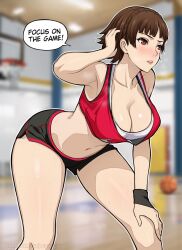 Rule 34 | 1girl, alternate breast size, alternate costume, arm up, armpits, ball, bare shoulders, basketball (object), basketball uniform, black shorts, blurry, blurry background, blush, braid, breasts, brown hair, cleavage, commentary, crown braid, english commentary, hand on own knee, hand to head, highres, indoors, large breasts, leaning forward, lepypepy, lips, midriff, navel, niijima makoto, patreon username, persona, persona 5, pink lips, red eyes, red tank top, shiny skin, short hair, short shorts, shorts, solo, sportswear, stomach, tank top, thighs, uniform