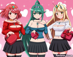 Rule 34 | 3girls, absurdly long hair, adjusting hair, alternate costume, artist name, bare shoulders, black legwear, blonde hair, blush, breasts, casual, cleavage, cleavage cutout, closed mouth, clothing cutout, commission, contemporary, covered navel, female focus, gem, gift, gradient background, green eyes, green hair, green shirt, hair ornament, hand on own chest, headpiece, heart, highres, holding, holding gift, jewelry, large breasts, long hair, looking at viewer, matching hair/eyes, monochrome, multiple girls, multiple persona, mythra (xenoblade), navel, necklace, nintendo, patdarux, pink background, pneuma (xenoblade), pyra (xenoblade), red eyes, red hair, red shirt, ribbon, shadow, shiny skin, shirt, short hair, short shirt, shy, skindentation, skirt, smile, sparkle, standing, swept bangs, thighhighs, thighs, tiara, valentine, very long hair, watermark, white shirt, xenoblade chronicles (series), xenoblade chronicles 2, yellow eyes