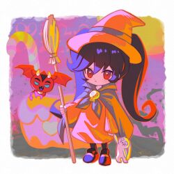 Rule 34 | 1girl, ashley (warioware), black hair, broom, candy, candy cane, cape, child, commentary, creature, d omm, dress, food, grey cape, hair between eyes, halloween, hat, holding, holding broom, holding stuffed toy, horns, long dress, long hair, long sleeves, looking at viewer, nintendo, orange dress, orange headwear, red (warioware), red eyes, standing, stuffed animal, stuffed toy, twintails, warioware, wings, witch hat