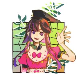 Rule 34 | 1girl, arm up, bamboo, black coat, black headwear, blunt bangs, border, bow, bowtie, brown hair, coat, collared dress, dress, frilled dress, frilled sleeves, frills, gradient background, green background, grid background, hat, highres, irugou (t okq105), looking at viewer, nishida satono, one-hour drawing challenge, open mouth, pink bow, pink bowtie, pink dress, puffy short sleeves, puffy sleeves, purple eyes, sash, short hair, short sleeves, sidelocks, smile, tate eboshi, touhou, upper body, waving, white border, white sash