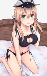 Rule 34 | 10s, 1girl, anchor hair ornament, aqua eyes, bad id, bad pixiv id, bare arms, bare legs, bare shoulders, barefoot, bed, bed frame, black bra, black panties, black ribbon, blonde hair, blush, bra, breasts, cat cutout, cat ear panties, cat lingerie, cleavage, cleavage cutout, closed mouth, clothing cutout, collarbone, frilled bra, frills, gloves, hair between eyes, hair ornament, hair ribbon, hair tie, hand on own chest, hand up, hat, highres, image sample, indoors, kantai collection, kinryuu, kneeling, large breasts, long hair, looking at viewer, low twintails, meme attire, military hat, on bed, panties, peaked cap, prinz eugen (kancolle), ribbon, side-tie panties, sitting, solo, twintails, underwear, underwear only, white gloves