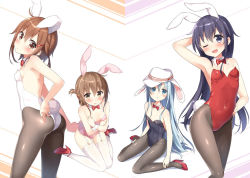 Rule 34 | &gt;;d, 10s, 4girls, ;d, adjusting clothes, adjusting leotard, akatsuki (kancolle), animal ears, ass, bad id, bad pixiv id, black hair, black leotard, blue eyes, blush, breasts, brown eyes, brown hair, cleavage, covered navel, fake animal ears, folded ponytail, garter straps, hair ornament, hairclip, hand on own hip, hat, hibiki (kancolle), ikazuchi (kancolle), inazuma (kancolle), kantai collection, leotard, long hair, masuishi kinoto, multiple girls, one eye closed, open mouth, pantyhose, playboy bunny, rabbit ears, rabbit tail, red leotard, shima (shima je), sideboob, silver hair, small breasts, smile, sweatdrop, tail, v-shaped eyebrows, verniy (kancolle), white leotard