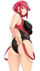 Rule 34 | 1girl, adjusting clothes, adjusting swimsuit, ahoge, ass, bare shoulders, blush, breasts, circlet, competition swimsuit, earrings, from behind, from below, highres, jewelry, large breasts, looking at viewer, looking back, nintendo, one-piece swimsuit, parted lips, pyra (xenoblade), red eyes, red hair, shiny skin, short hair, sideboob, solo, swimsuit, xeno (series), xenoblade chronicles (series), xenoblade chronicles 2