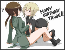 Rule 34 | !?, 2girls, all fours, bad id, bad pixiv id, blonde hair, blush, boots, breasts, brown eyes, brown hair, character name, embarrassed, english text, erica hartmann, closed eyes, gertrud barkhorn, happy birthday, imminent kiss, long sleeves, military, military uniform, multiple girls, nacl, panties, shokuen shiwe, short hair, sitting, strike witches, trembling, underwear, uniform, world witches series