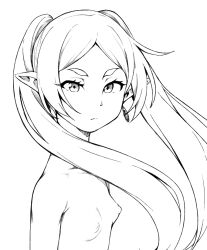 Rule 34 | 1girl, breasts, commentary, cut bangs, dangle earrings, earrings, elf, english commentary, frieren, geewhy, greyscale, jewelry, lineart, long hair, looking at viewer, monochrome, nipples, parted bangs, pointy ears, small breasts, solo, sousou no frieren, topless, twintails, upper body, v-shaped eyebrows
