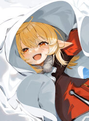 Rule 34 | 1girl, arms up, bed sheet, blonde hair, dress, dutch angle, genshin impact, gotou (nekocat), hair between eyes, highres, klee (genshin impact), long hair, looking at viewer, no headwear, open mouth, pointy ears, pom pom (clothes), red dress, red eyes, smile, solo, watermark
