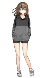 Rule 34 | 1girl, bad id, bad pixiv id, black shorts, blue eyes, blush, brown hair, closed mouth, commentary request, full body, grey hoodie, hair between eyes, hands in pockets, hood, hood down, hoodie, kurata rine, looking at viewer, original, shoes, short shorts, shorts, simple background, sneakers, solo, standing, white background, white footwear