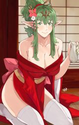 Rule 34 | 1girl, absurdres, alternate costume, alternate hairstyle, bare shoulders, between legs, bottle, breasts, cleavage, collarbone, fire emblem, fire emblem awakening, flower, green eyes, green hair, green nails, hair flower, hair ornament, hair stick, hand between legs, highres, holding, holding bottle, japanese clothes, kimono, large breasts, looking at viewer, medium hair, mole, mole on breast, nail polish, nintendo, obi, off shoulder, pink nails, pointy ears, ponytail, red kimono, sake bottle, sakuremi, sash, smile, solo, thighhighs, thighs, tiara, tiki (adult) (fire emblem), tiki (fire emblem), white thighhighs, yukata