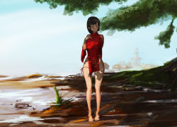 Rule 34 | 1girl, assault harpy, black hair, blush, brown eyes, china dress, chinese clothes, dress, feet, full body, hand on own chest, highres, japanese clothes, leaf, looking down, looking to the side, medium hair, miko, ocean, original, outdoors, painting (medium), sky, thick thighs, thighs, traditional media, tree