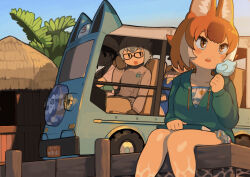 Rule 34 | 4girls, alternate costume, animal ears, aran sweater, black eyes, blue sky, book, book on lap, brown gloves, brown hair, brown pantyhose, cable knit, captain (kemono friends), car, collarbone, commentary request, common dolphin (kemono friends), dhole (kemono friends), drawstring, driving, drooling, eating, evening, food, glasses, gloves, green hoodie, green shirt, grey hair, grey sweater, hand to own mouth, hat, highres, holding, holding book, hood, hood down, hoodie, hut, japari symbol, kemono friends, kemono friends 3, long sleeves, looking at another, looking to the side, meerkat (kemono friends), motor vehicle, mouth drool, multicolored hair, multiple girls, on bench, orange gloves, outdoors, palm tree, pantyhose, popsicle, rinx, shirt, short hair, short sleeves, shouting with hands, sitting, sky, sleeping, smile, streaked hair, sweater, thatched roof, tree, white sleeves