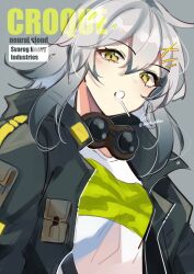 Rule 34 | 1girl, black jacket, breasts, candy, character name, coll (erichankun), commentary, copyright name, croque (neural cloud), food, girls&#039; frontline, girls&#039; frontline neural cloud, goggles, goggles around neck, gradient hair, grey background, grey hair, hair between eyes, hair ornament, hairclip, highres, jacket, lollipop, long hair, looking at viewer, multicolored hair, open clothes, open jacket, open mouth, shirt, signature, simple background, small breasts, solo, t-shirt, twitter username, upper body, yellow eyes