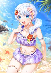 Rule 34 | 1girl, :d, alternate hairstyle, armband, bang dream!, bikini, bikini skirt, blue eyes, bow, bracelet, braid, breasts, cleavage, corsage, day, earrings, floral print, flower, food, frilled armband, frills, fruit, hair flower, hair ornament, hand on own chest, jewelry, lemon, lemon slice, lime (fruit), lime slice, looking at viewer, medium breasts, minori (faddy), navel, necklace, ocean, open mouth, outdoors, partially submerged, pink flower, print bikini, purple bikini, red flower, side ponytail, sidelocks, sitting, smile, solo, striped, striped bow, swimsuit, thighlet, wakamiya eve, wet, white hair