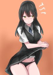 Rule 34 | 1girl, absurdres, black hair, black skirt, black vest, blue ribbon, breasts, brown eyes, clothes lift, commentary request, cowboy shot, hair ornament, hairclip, highres, kamaboko senshi, kantai collection, long hair, looking to the side, medium breasts, neck ribbon, orange background, oyashio (kancolle), pleated skirt, ribbon, school uniform, shirt, short sleeves, simple background, skirt, skirt lift, solo, standing, vest, white shirt