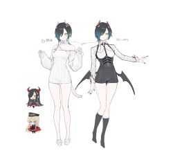 Rule 34 | azur lane, bare shoulders, bismarck (azur lane), bismarck zwei (azur lane), black hair, black nails, black socks, blonde hair, blue hair, cape, cat tail, chibi, demon wings, facial mark, fake tail, friedrich der grosse (azur lane), full body, gradient hair, hair over one eye, hands up, hat, highres, horns, long bangs, looking at viewer, multicolored hair, ohisashiburi, peaked cap, red cape, red horns, simple background, socks, sweater, tail, ulrich von hutten (azur lane), whisker markings, white background, white horns, white sweater, wings, yellow eyes