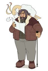 Rule 34 | 1boy, ?, absurdres, altaria, alternate color, beard, binoculars, brown footwear, brown jacket, cane, closed mouth, commentary, commission, creatures (company), english commentary, facial hair, full body, game freak, gen 3 pokemon, glasses, green sweater, grey hair, grey pants, highres, holding, holding cane, holding map, jacket, long sleeves, magicact, male focus, map, mustache, nintendo, old, old man, on shoulder, open clothes, open jacket, original, over-rim eyewear, pants, pokemon, pokemon (creature), pokemon on shoulder, ponytail, semi-rimless eyewear, shiny pokemon, simple background, spoken question mark, standing, sweater, white background