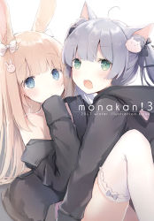 Rule 34 | 2girls, animal ears, blonde hair, blue eyes, blue legwear, blunt bangs, blush, cat ears, cat hair ornament, commentary request, green eyes, hair ornament, long hair, long sleeves, looking at viewer, multiple girls, open mouth, original, rabbit ears, simple background, suzumori uina, thighhighs, white background