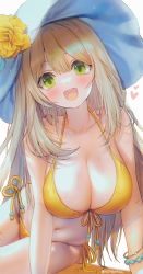 Rule 34 | 1girl, :d, bare arms, bare shoulders, bead bracelet, beads, bikini, blue archive, blush, bracelet, breasts, cleavage, collarbone, flower, front-tie bikini top, front-tie top, green eyes, halo, halterneck, hanato (seonoaiko), hat, hat flower, hat ribbon, heart, highres, jewelry, large breasts, light brown hair, long hair, looking at viewer, navel, nonomi (blue archive), nonomi (swimsuit) (blue archive), official alternate costume, open mouth, ribbon, shiny skin, side-tie bikini bottom, sidelocks, smile, solo, stomach, sun hat, swept bangs, swimsuit, teeth, thighs, twitter username, upper teeth only, wet, white background, white hat, yellow bikini