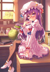 Rule 34 | 1girl, bespectacled, black pantyhose, blue bow, blush, book, book stack, bow, breasts, crescent, crossed legs, curtains, desk, dress, glasses, globe, hair bow, hat, high heels, highres, indoors, letter, long hair, looking at viewer, love letter, mary janes, mob cap, pantyhose, patchouli knowledge, pink-framed eyewear, purple hair, red bow, semi-rimless eyewear, shoes, sitting, smile, solo, striped clothes, striped dress, tonchan, touhou, under-rim eyewear, vertical-striped clothes, vertical-striped dress, window